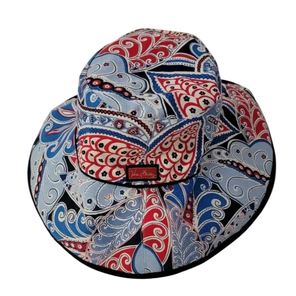 Vera Bradley Reversible Bucket Hat Red & Blue Paisley Floral Print Wide Brim - Picture 1 of 9